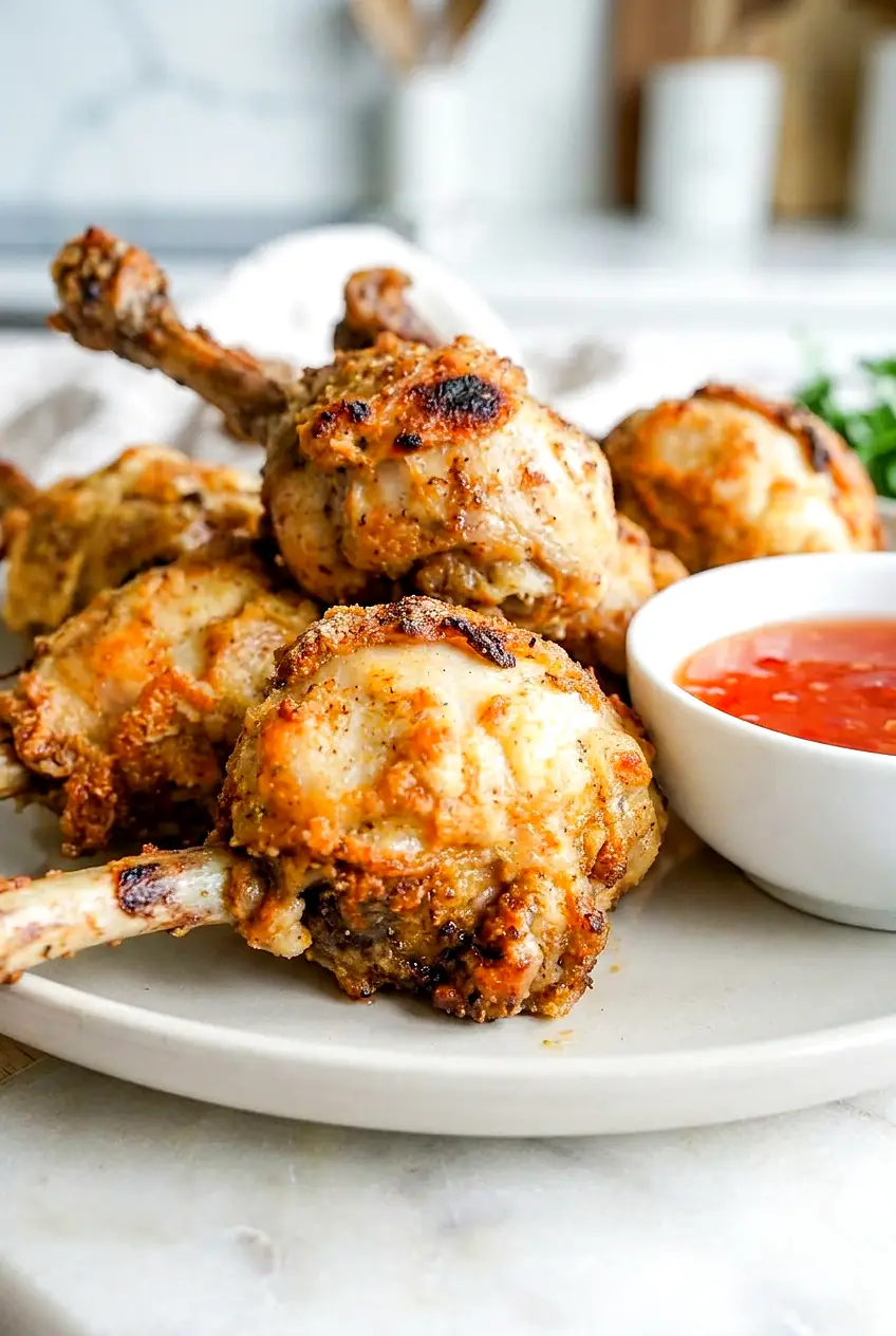 Close-up of air fryer lollipop chicken legs showing crispy browned skin and juicy meat around the exposed bone