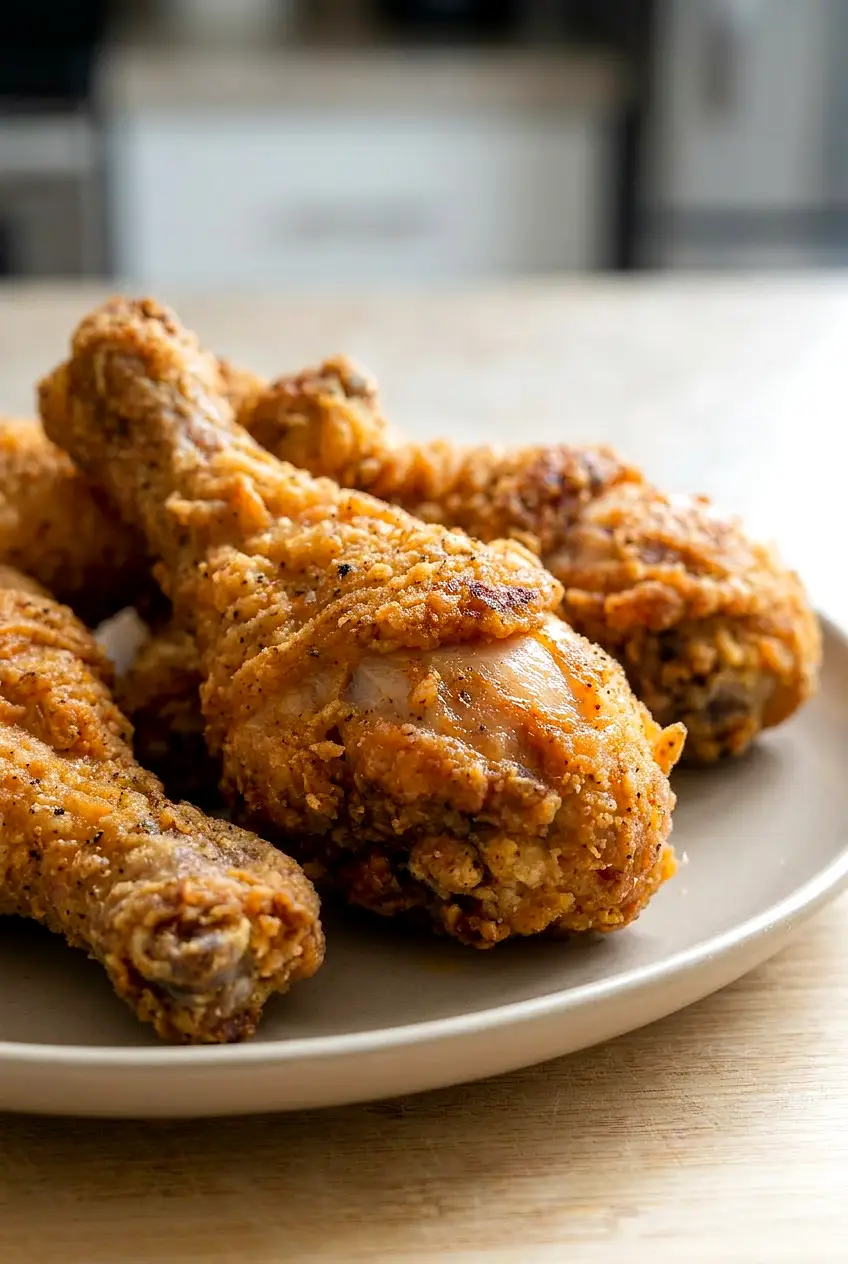 Close-up of air fryer Southern style chicken legs showing crisp golden coating and juicy meat