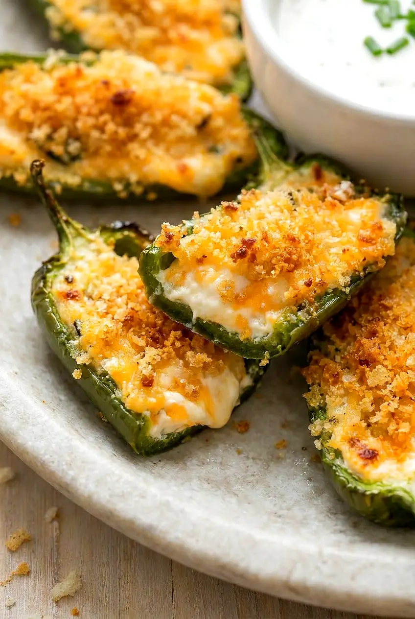 Close-up of air fryer jalapeno poppers showing creamy cheese filling and crisp panko topping
