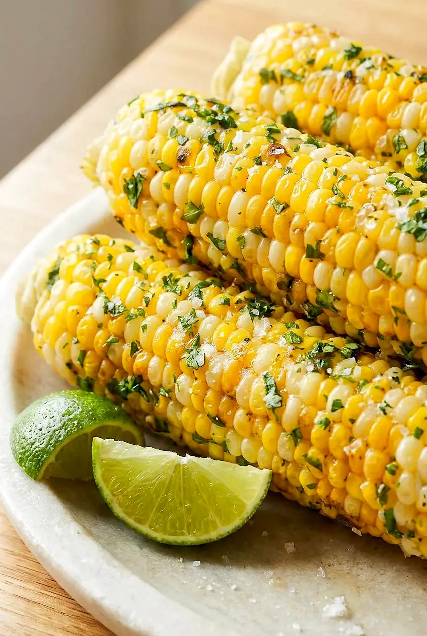 Close-up of air fryer corn on the cob with glossy kernels, butter, and light char