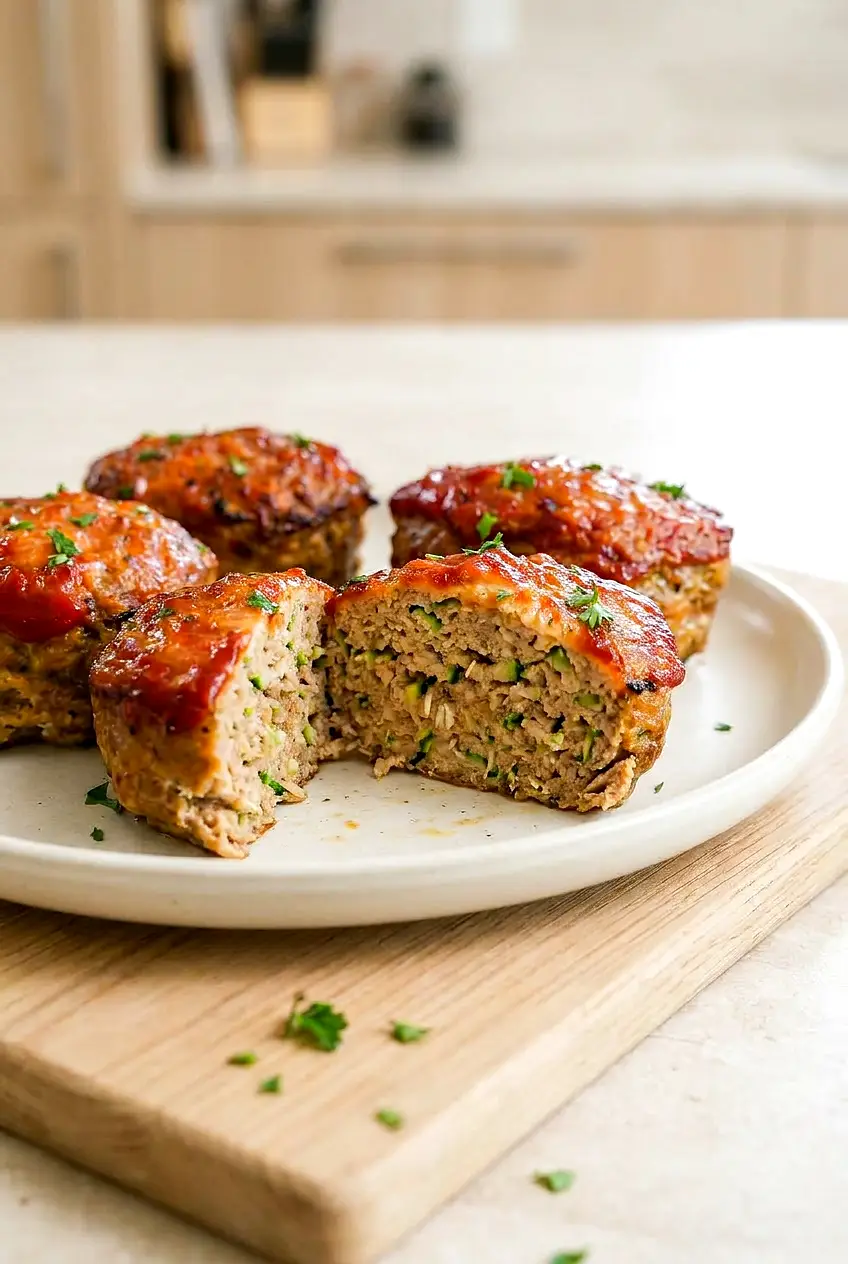 Close-up of sliced air fryer turkey meatloaf showing a moist tender interior and ketchup glaze