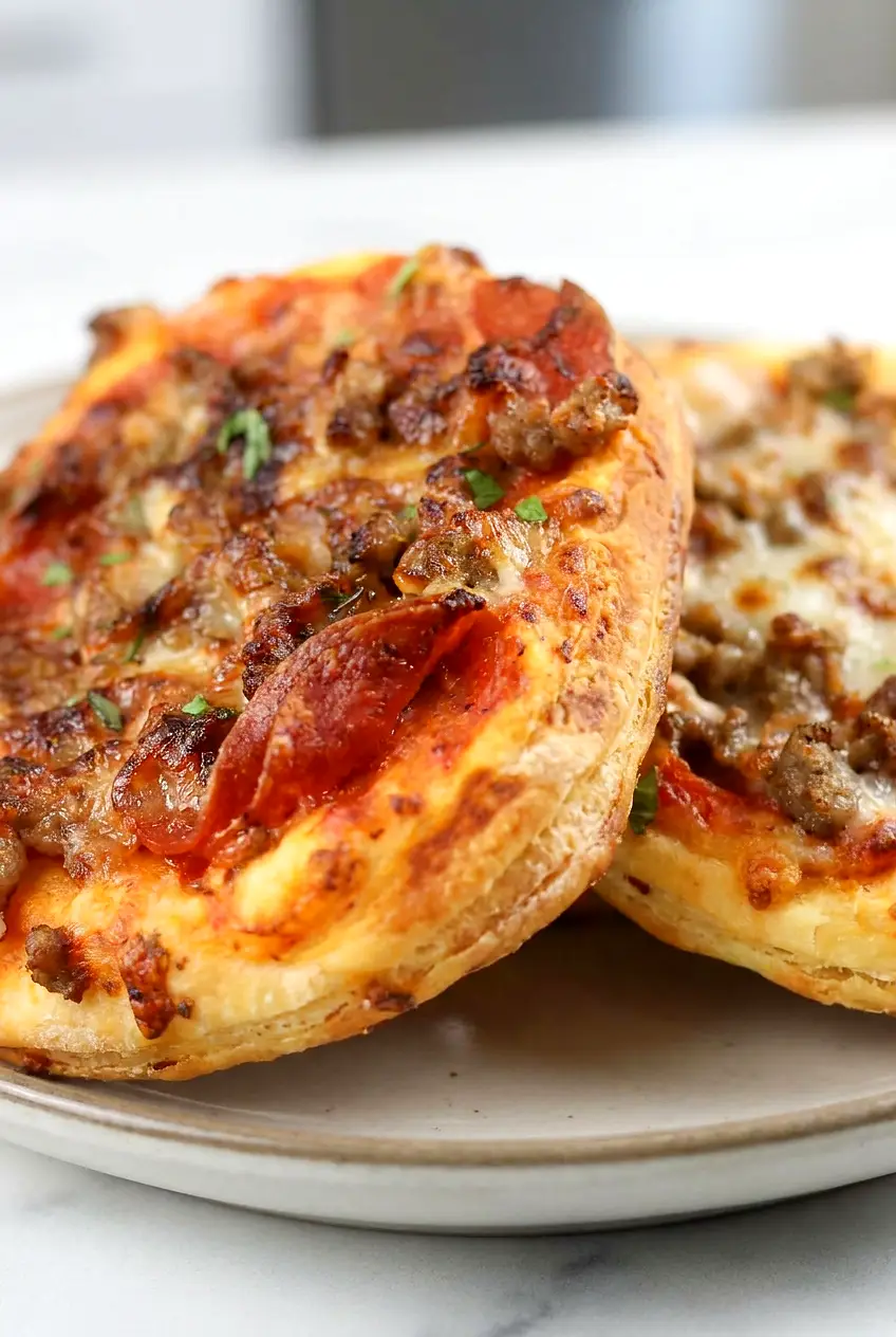 Close-up of air fryer mini pizzas with browned biscuit crust, bubbling cheese, pepperoni, and sausage