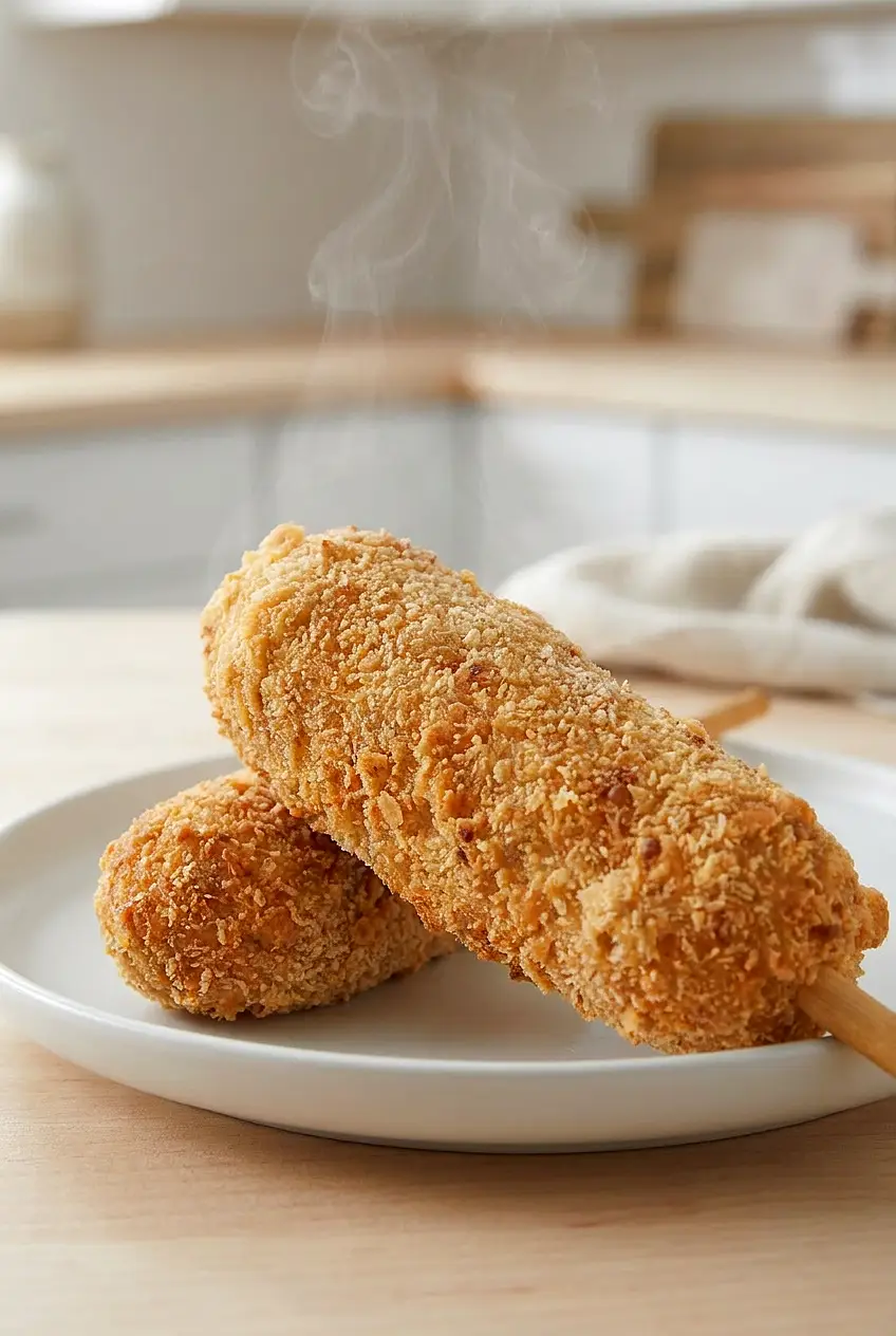 Close-up of air fryer corn dogs showing the crisp golden batter and hot center.