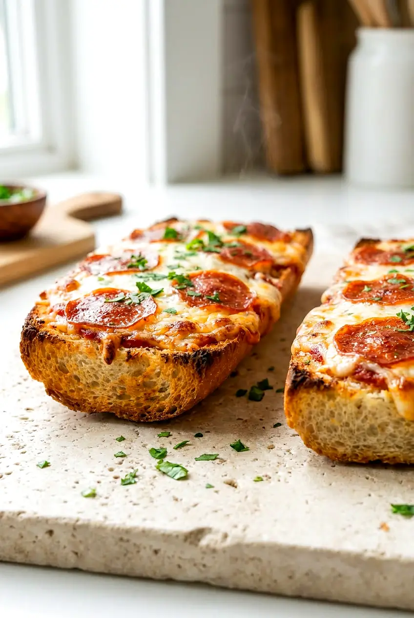 Close-up of air fryer French bread pizza showing crisp edges, melted mozzarella, and warm sauce