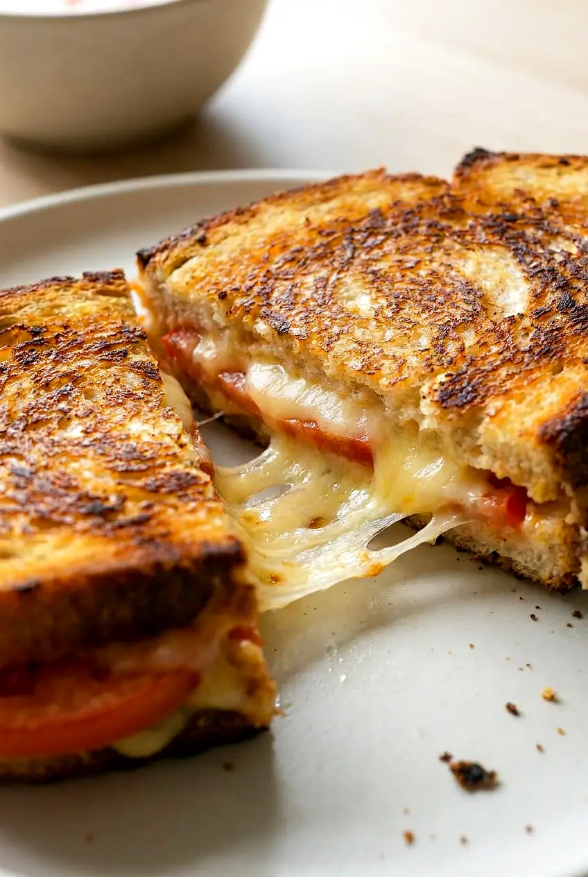Close-up of air fryer grilled tomato and cheese with a cut-open center showing melted cheese and tomato slices.