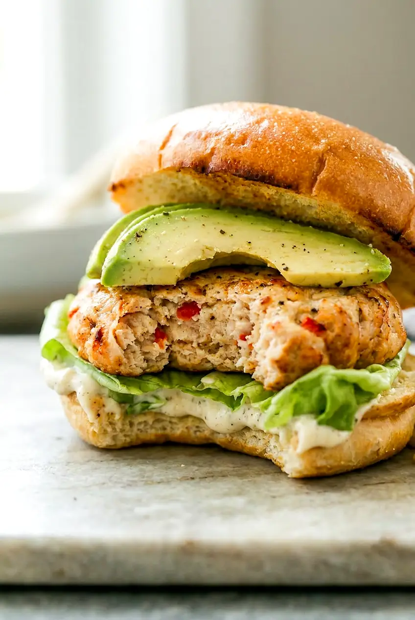 Close-up of an air fryer chicken burger showing the juicy patty, avocado, and aioli