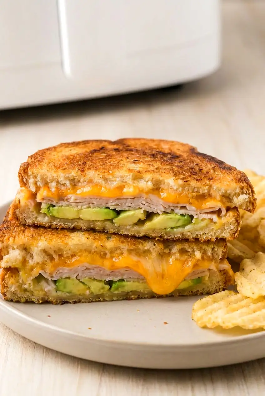 Close-up of a cut air fryer turkey cheese melt showing melted cheese, turkey, and avocado with crisp golden bread