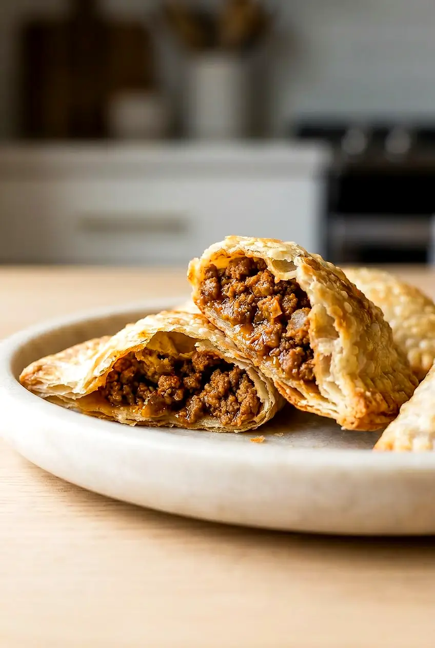 Close-up of a cut-open air fryer empanada showing the savory beef filling and crisp crust