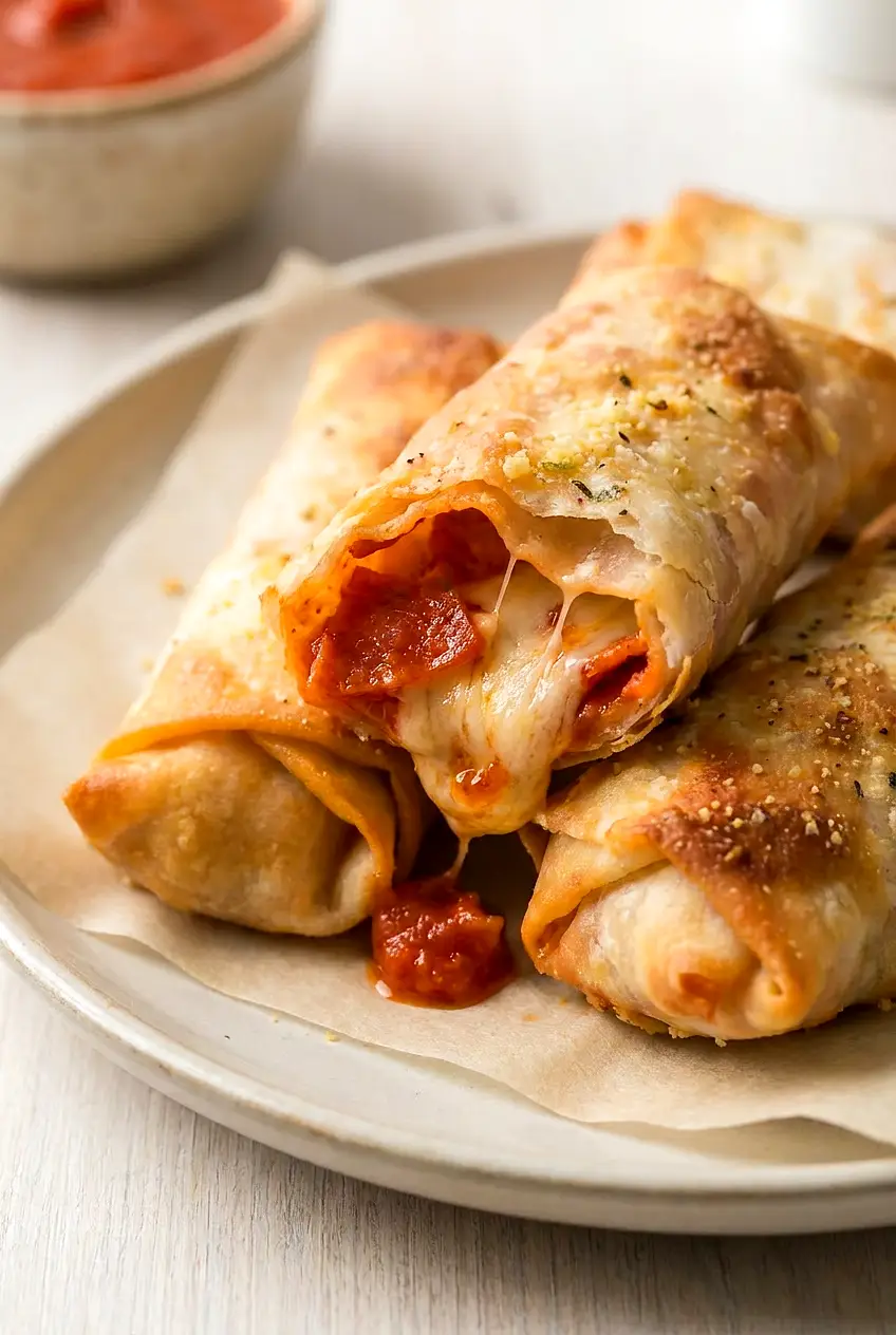 Cut-open air fryer pizza egg rolls showing melted cheese, pepperoni, and pizza sauce