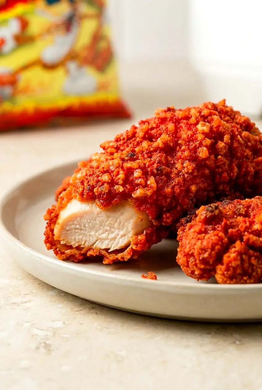 Close-up of Air Fryer Flamin’ Hot Cheetos Chicken showing crunchy red crumb coating and juicy interior