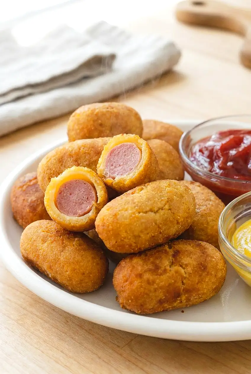 Close-up of air fryer mini corn dogs with a crisp golden coating and dipping sauce on the side