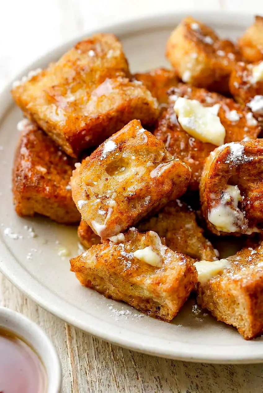 Close-up of Air Fryer French Toast Bites showing crisp golden edges, powdered sugar, and melted butter