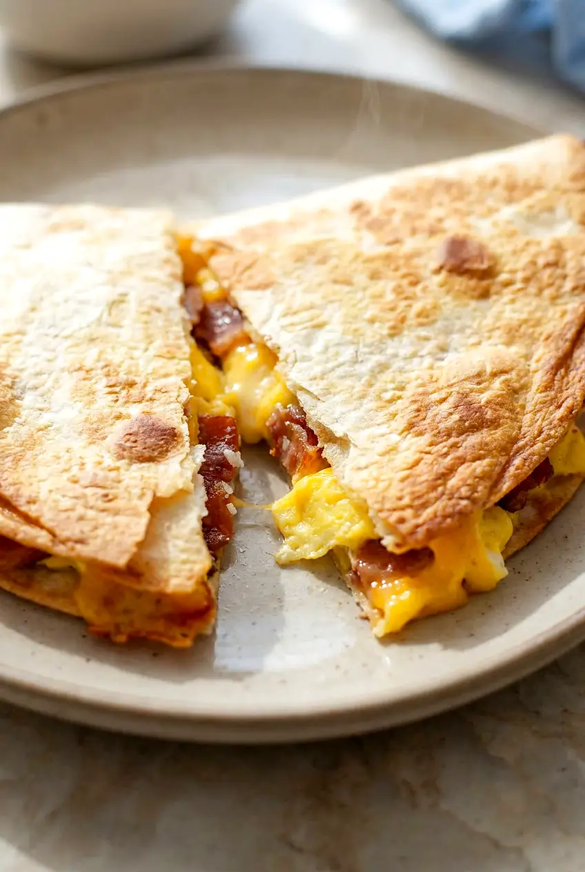 Cut-open air fryer breakfast quesadilla showing soft eggs, chopped bacon, and melted cheddar inside.