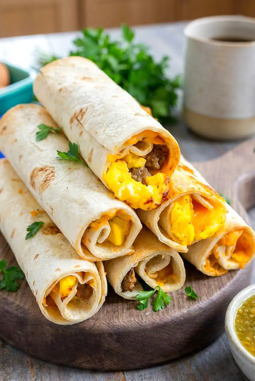 Close-up of air fryer breakfast taquitos showing the crisp tortilla and egg, sausage, and cheese filling
