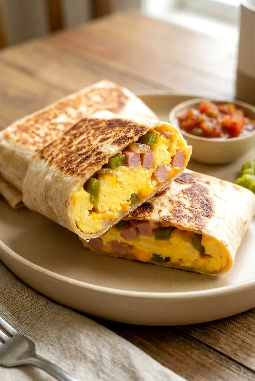 Close-up of a cut air fryer breakfast wrap showing soft eggs, melted cheese, and a crisp golden tortilla.