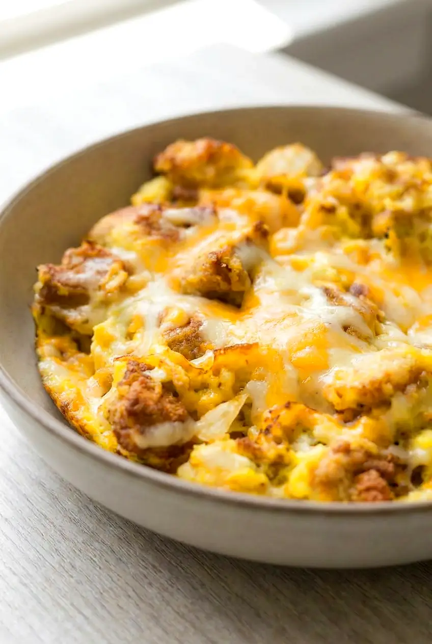 Close-up of air fryer breakfast bowl showing browned nuggets, crisp tater tots, set eggs, and melted cheddar