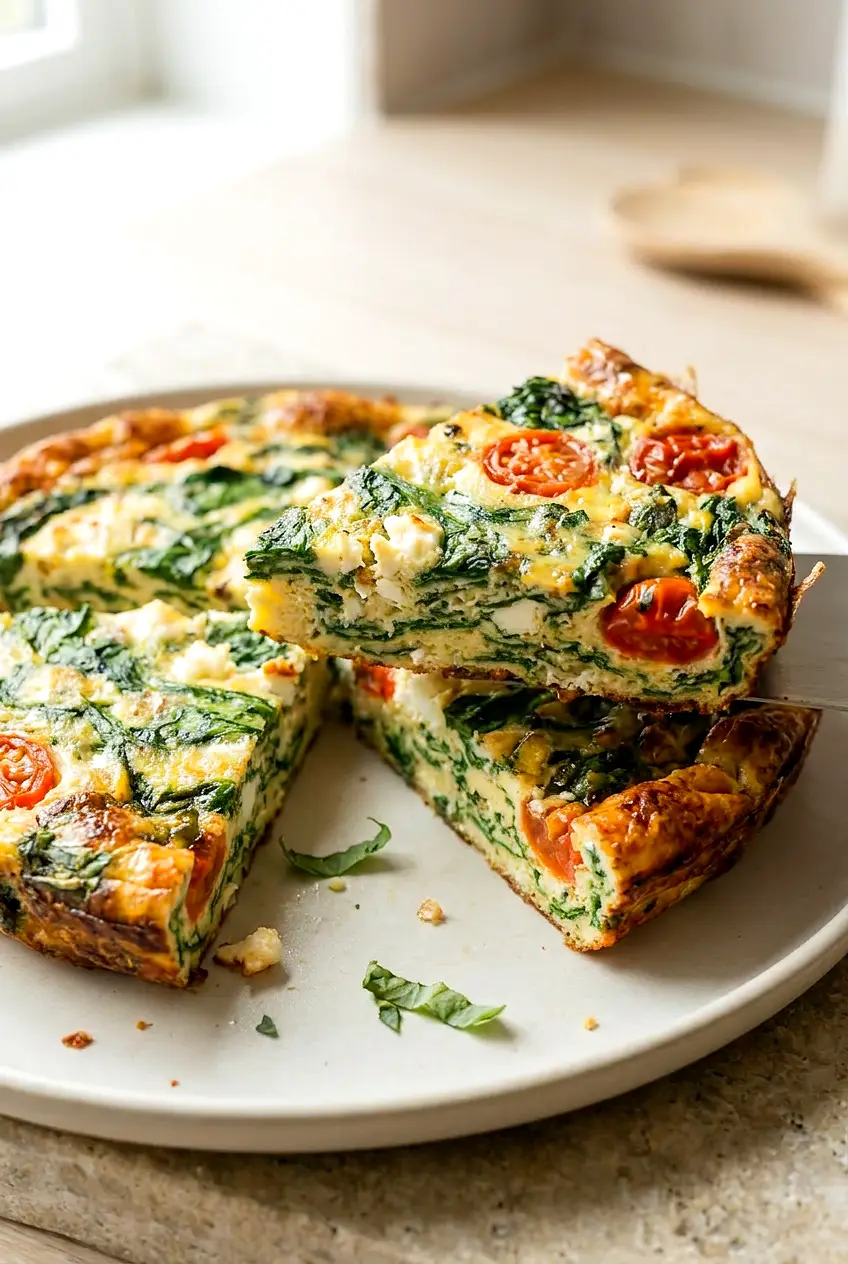 Close-up of a sliced air fryer spinach feta frittata showing the tender egg center, spinach, tomatoes, and feta.