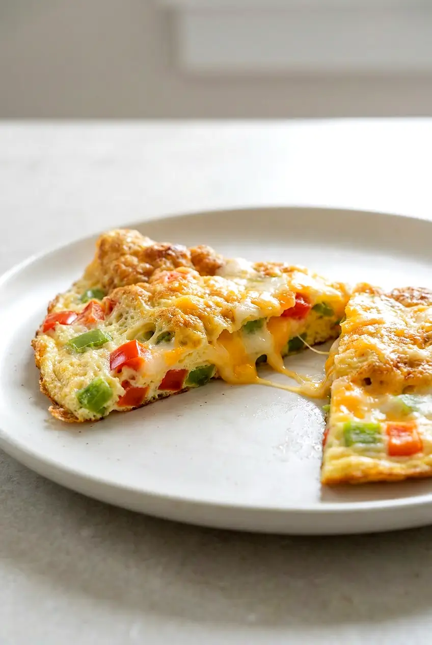 Close-up of a sliced air fryer cheese omelette showing the fluffy eggs, melted cheese, and bell peppers