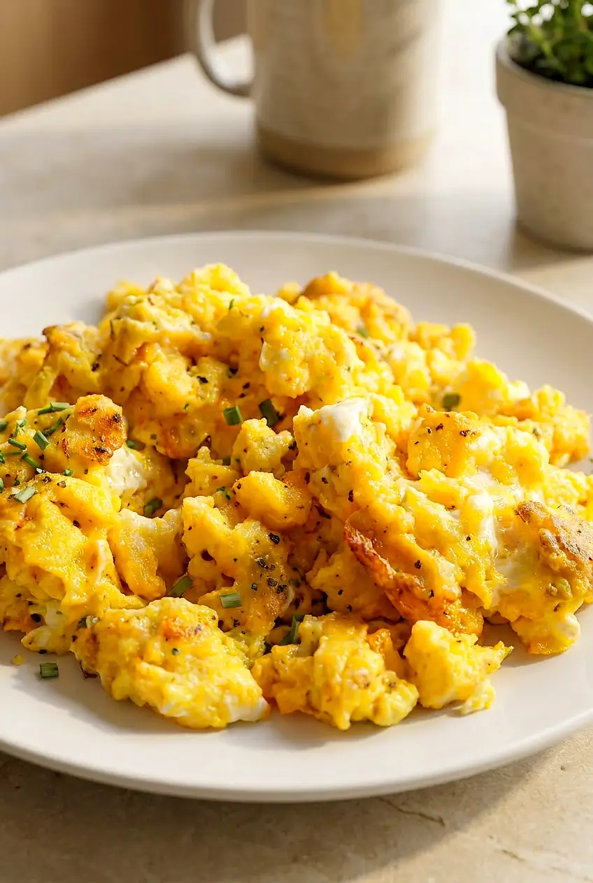 Close-up of air fryer scrambled eggs with soft curds and melted cheddar on a white plate