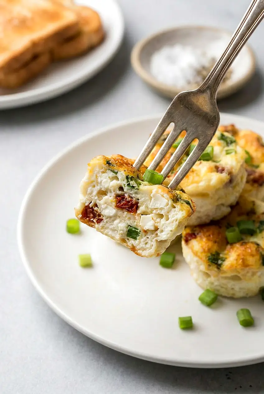 Close-up of a fork holding an air fryer egg white bite, showing the soft egg white texture and feta filling