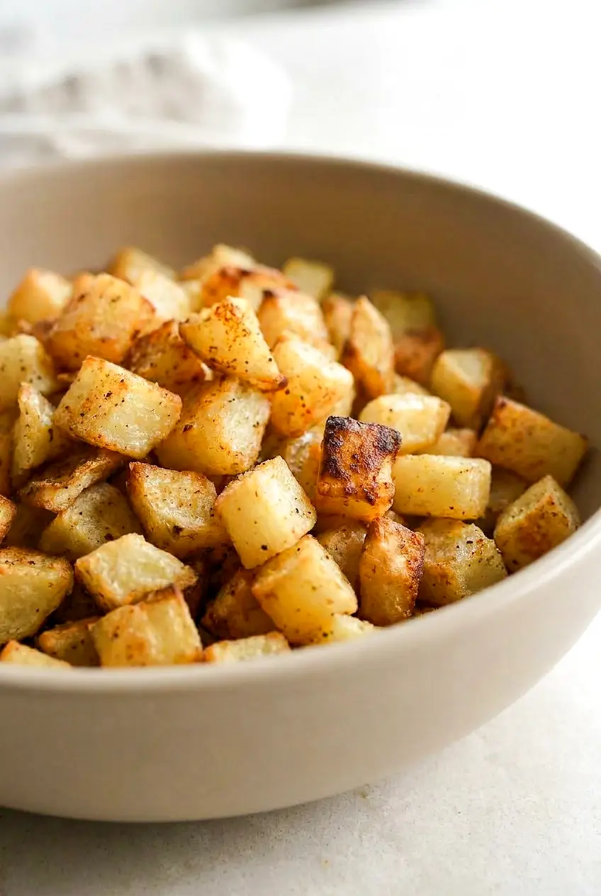 Close-up of air fryer potato hash browns showing the crisp, golden browned texture.