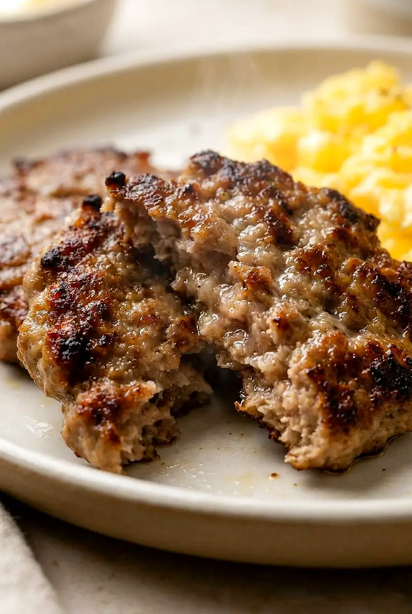 Close-up of air fryer breakfast sausage patties showing browned, lightly crisp edges and juicy centers