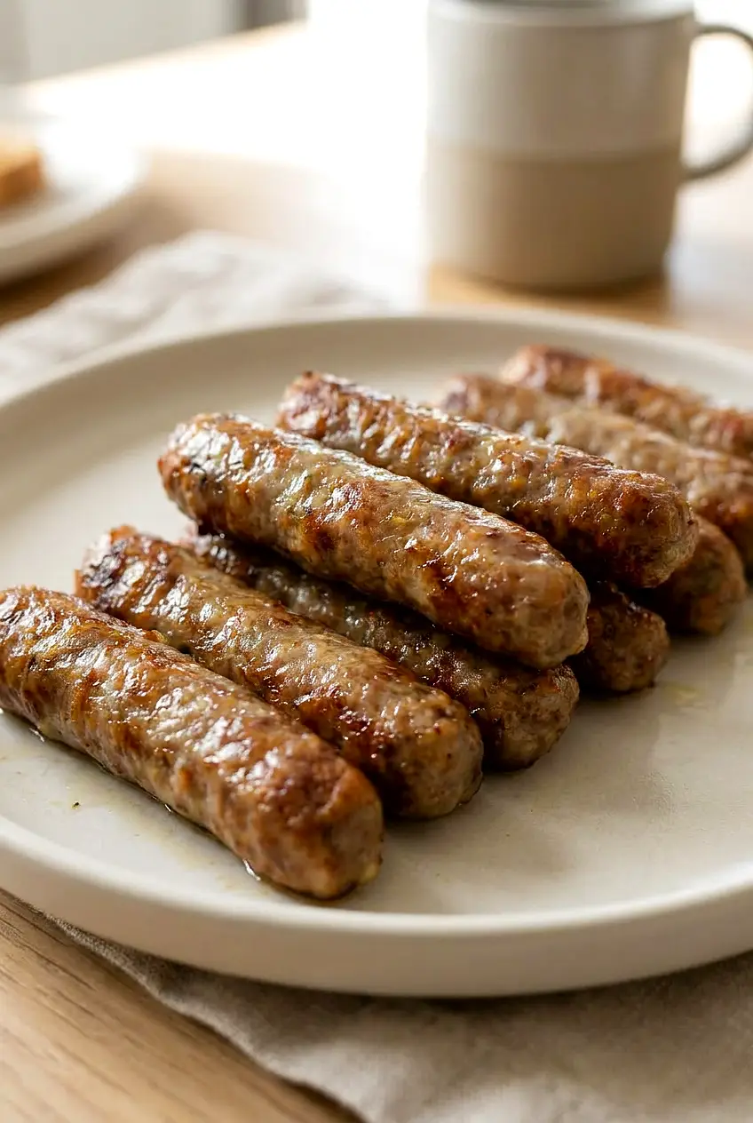 Close-up of Air Fryer breakfast sausage links showing crisp browned casings and juicy texture