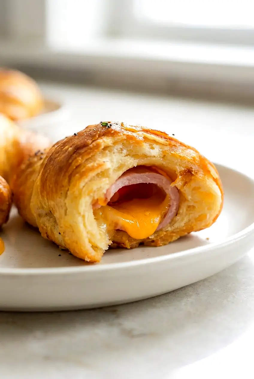 Close-up of air fryer ham and cheese croissants with melted cheese and crisp golden tops