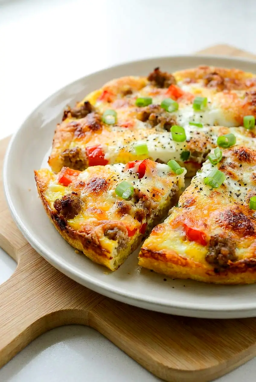 Close-up of air fryer breakfast pizza showing the browned crust, melted cheese, and set eggs.