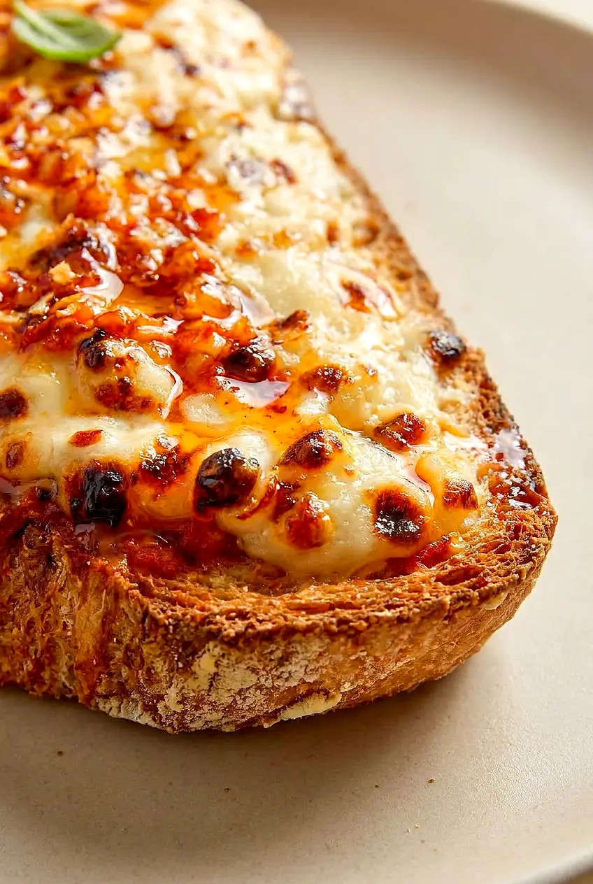 Close-up of air fryer cottage cheese pizza toast with crisp edges, melted mozzarella, and glossy chili crisp oil and hot honey