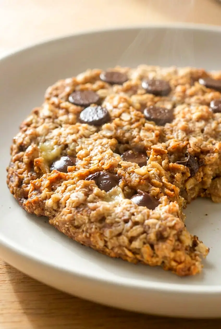 Close-up of an Air Fryer Breakfast Cookie showing the soft center and oats with melted chocolate chips