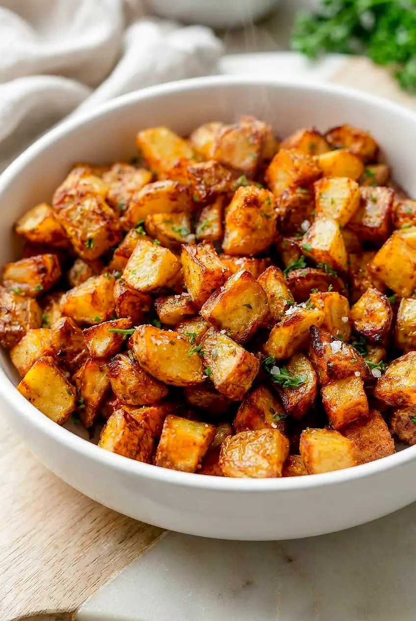 Close-up of air fryer breakfast potatoes showing crispy golden edges and tender centers in a white bowl