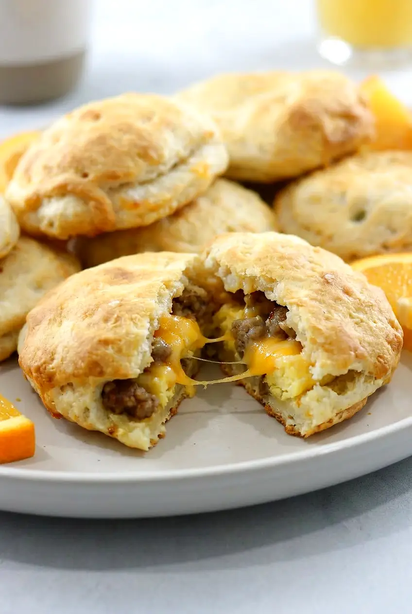 Cut-open air fryer sausage biscuit showing sausage, eggs, and melted cheese inside