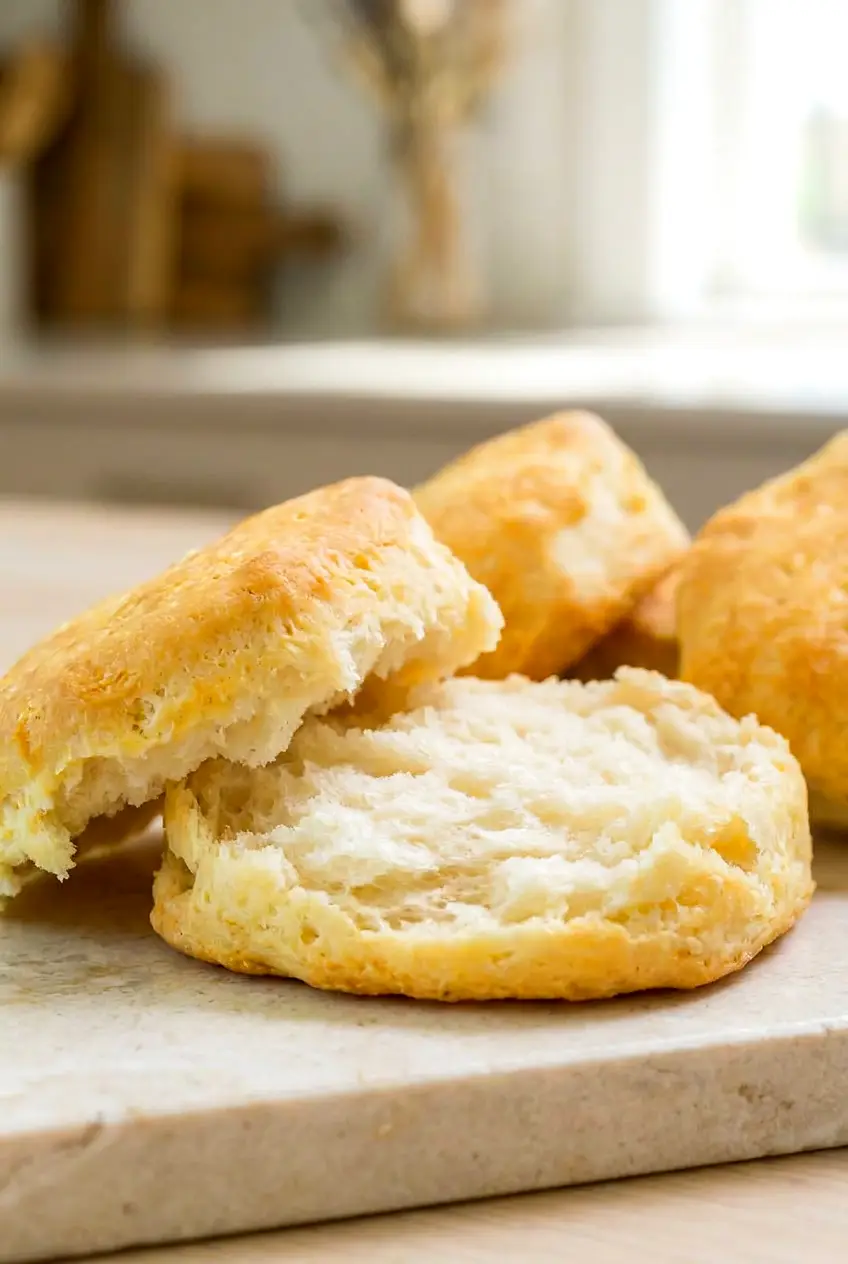 Close-up of air fryer canned biscuits showing a golden, fluffy center and lightly crisp edges