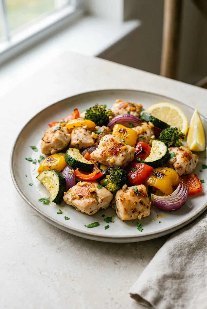 Air fryer chicken and veggies - browned chicken pieces with peppers, zucchini, onion and broccoli, served with lemon wedges