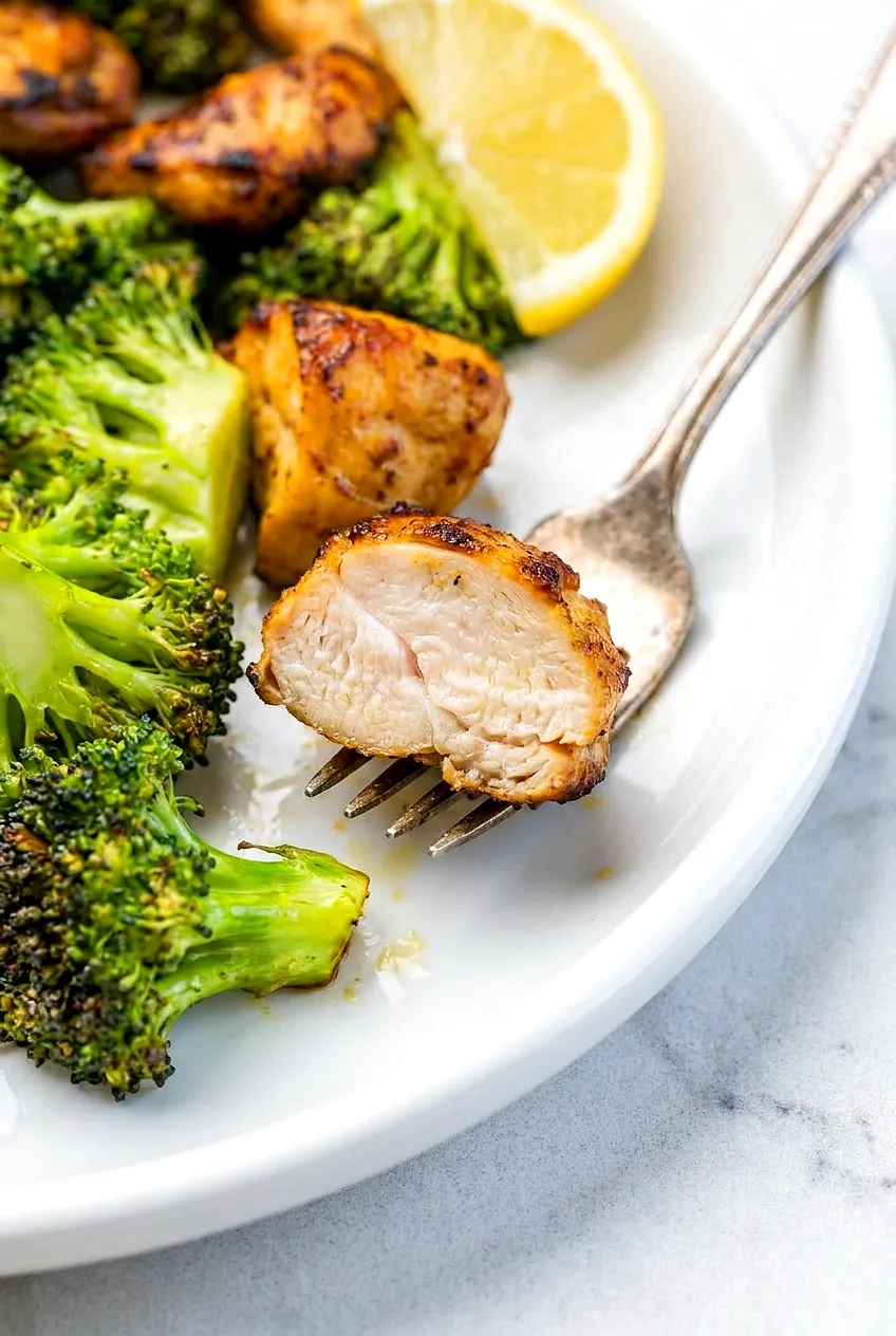 Close-up of sliced air fryer chicken bite showing juicy center, with browned edges and broccoli florets nearby.