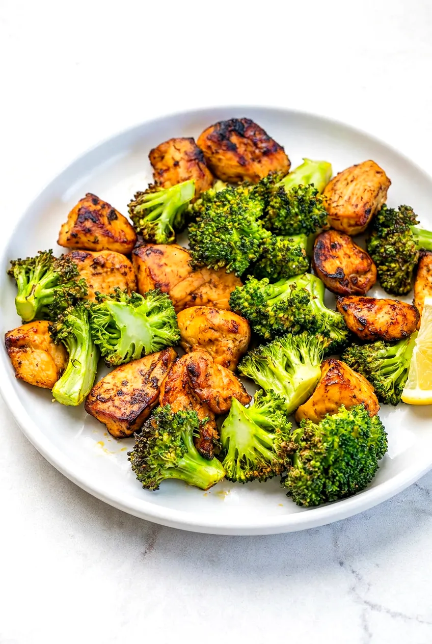 Air fryer chicken bites and broccoli on a white plate with lemon; juicy, golden chicken and bright green, crisp florets.