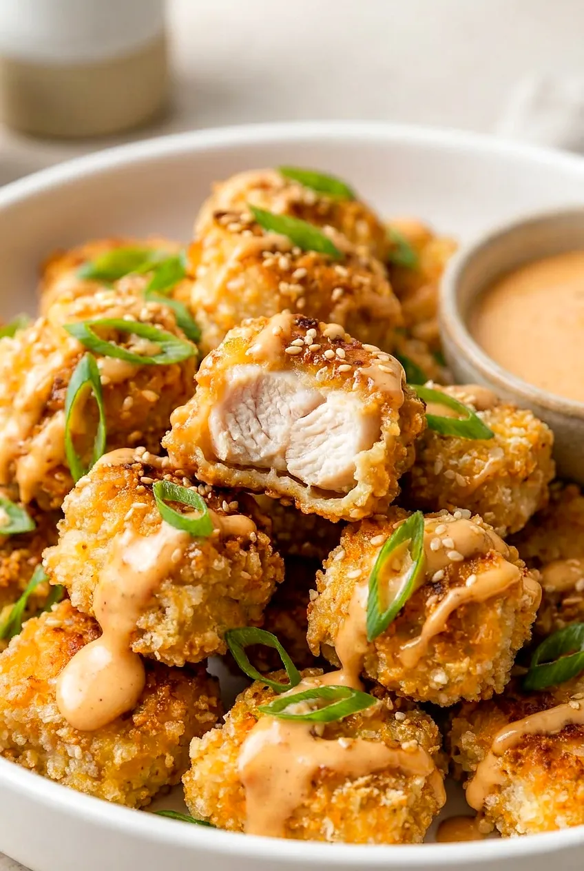 Close-up of bang bang chicken bite split open, juicy center, lightly crisp cornstarch coating, glossy sauce and green onion.