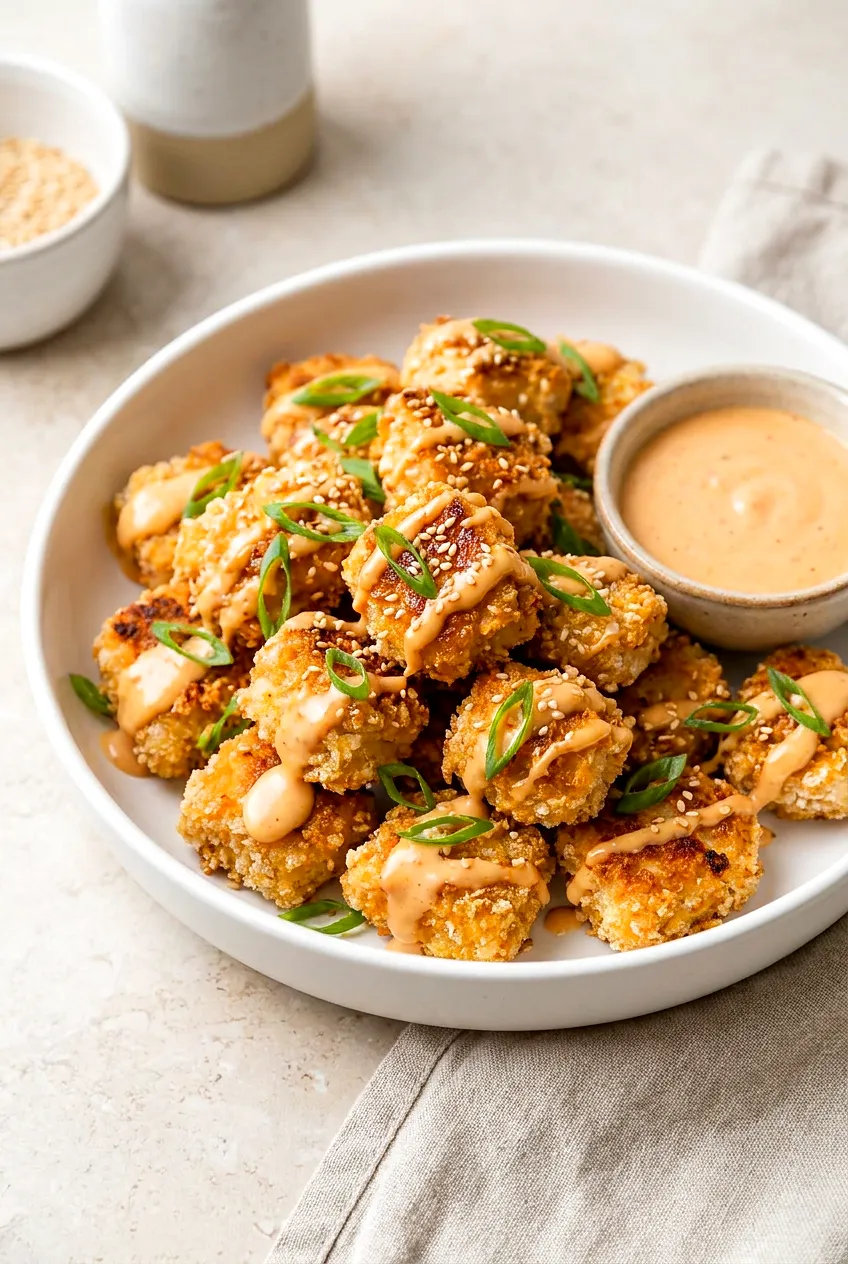 Air fryer bang bang chicken bites coated in creamy sweet-heat sauce, topped with green onions and sesame seeds on a plate.