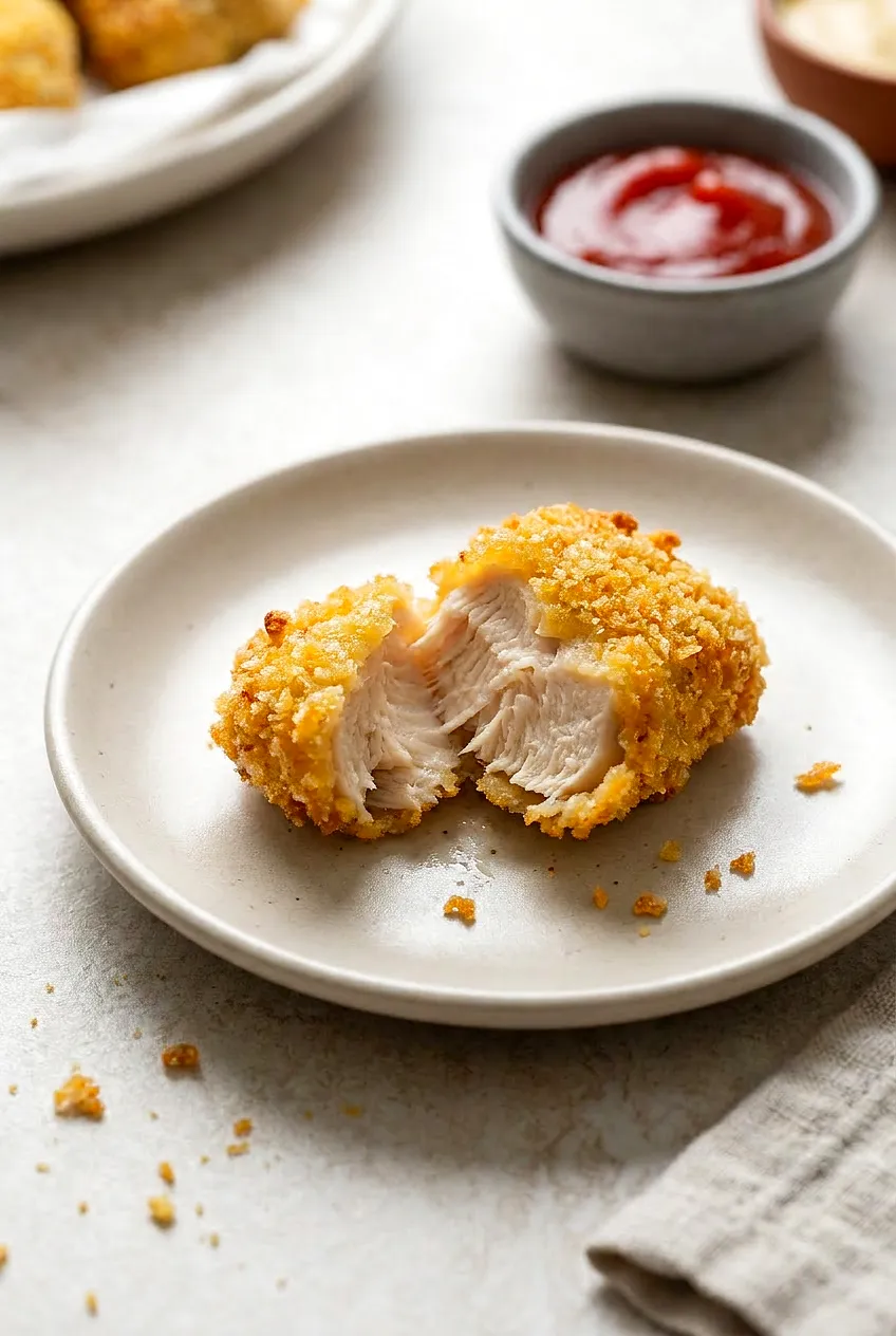 Close-up air fryer chicken nugget broken open showing hot white meat and crisp golden coating.
