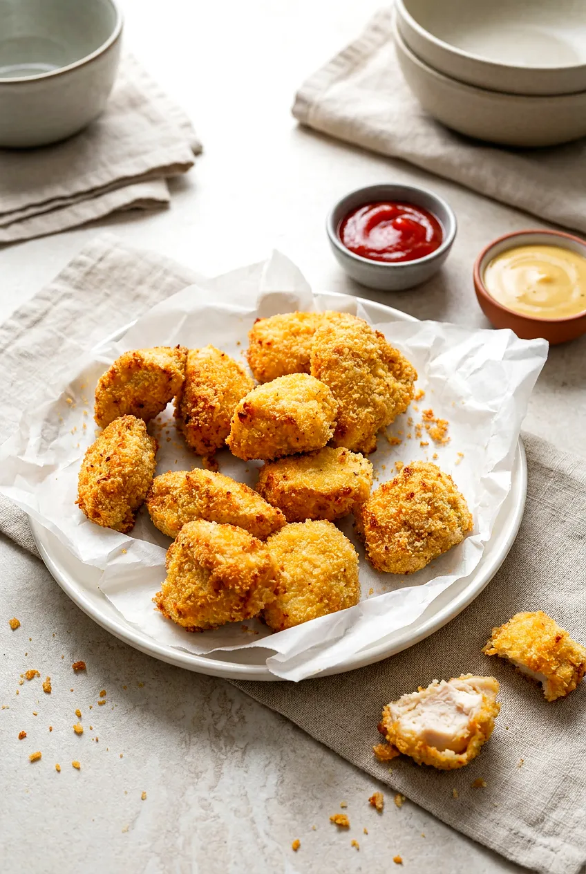 Plate of air fryer frozen chicken nuggets, golden and lightly crisp, served with small bowls of ketchup and ranch.