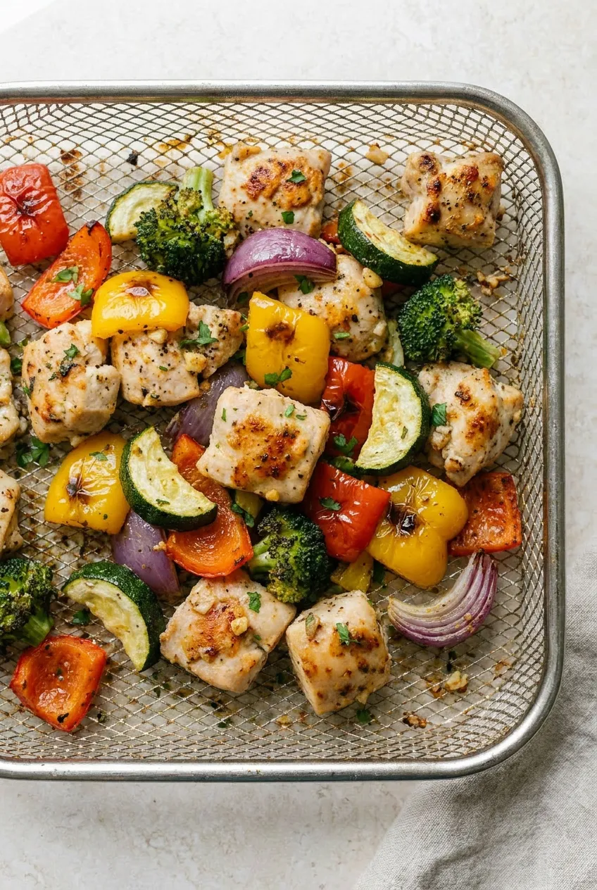 Close-up of air fryer chicken and veggies in a single-layer basket with browned edges and visible seasoning