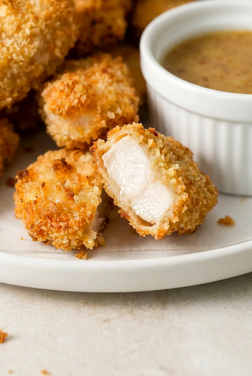 Close-up of a halved air fryer homemade chicken nugget showing juicy white chicken and a golden, crunchy panko crust.