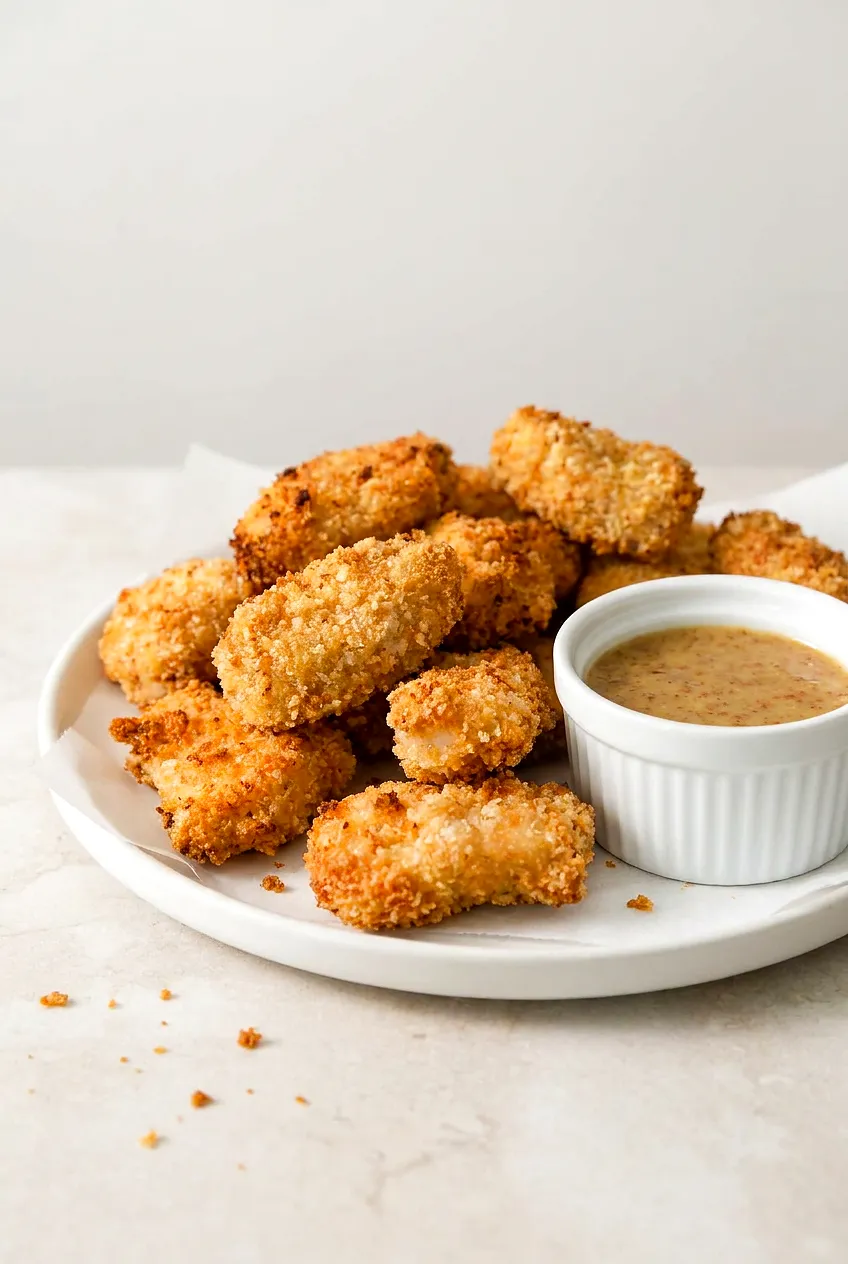 Air fryer homemade chicken nuggets on a white plate with honey mustard, golden panko coating, crisp edges.