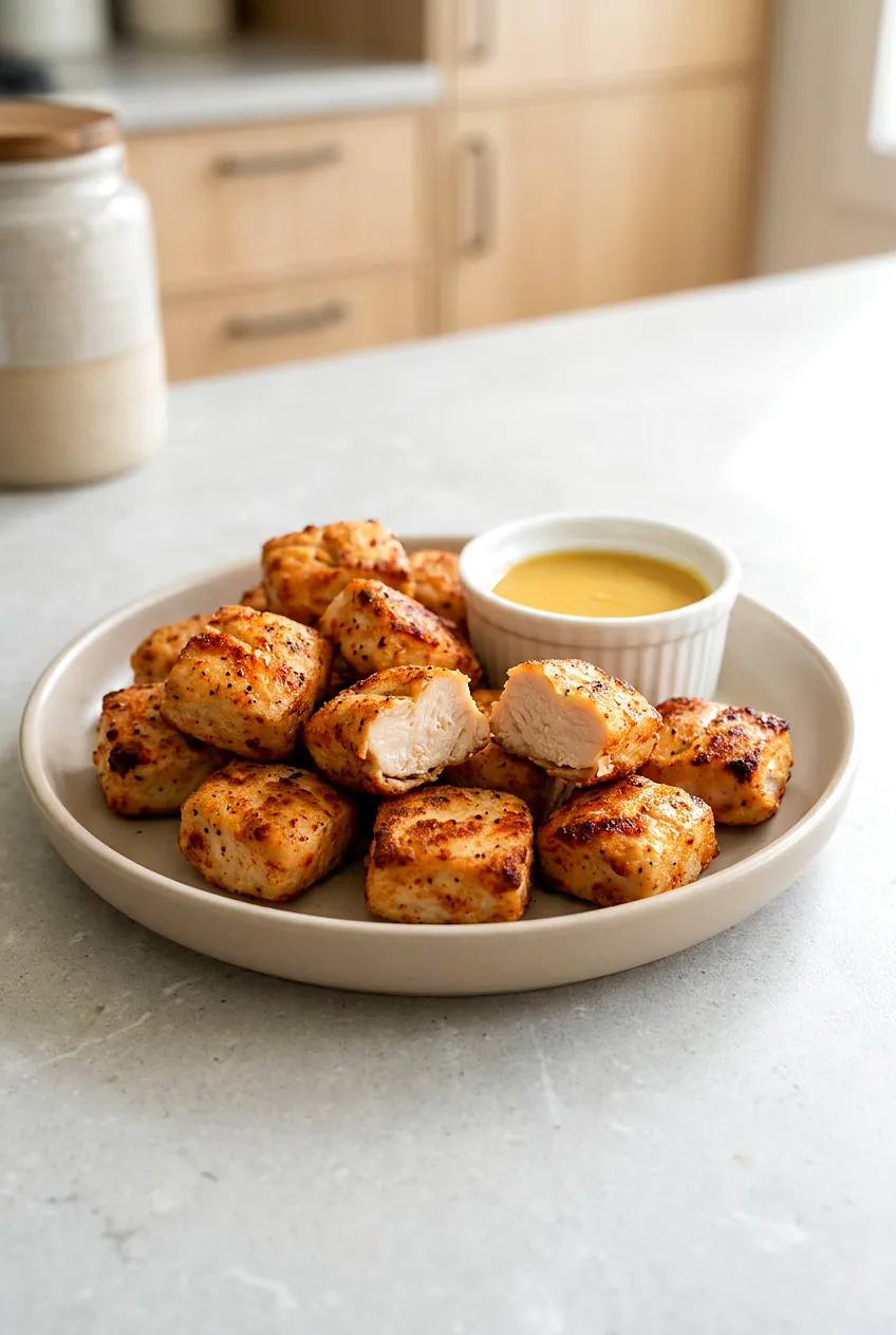 Air fryer chicken nuggets without breading on a plate, browned edges and juicy centers, served with a small bowl of honey mustard.