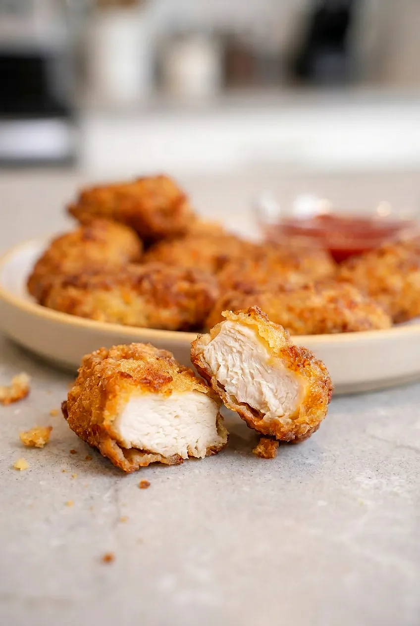 Close-up of a split air fryer keto chicken nugget showing juicy white chicken inside and a crisp, golden pork rind crust.