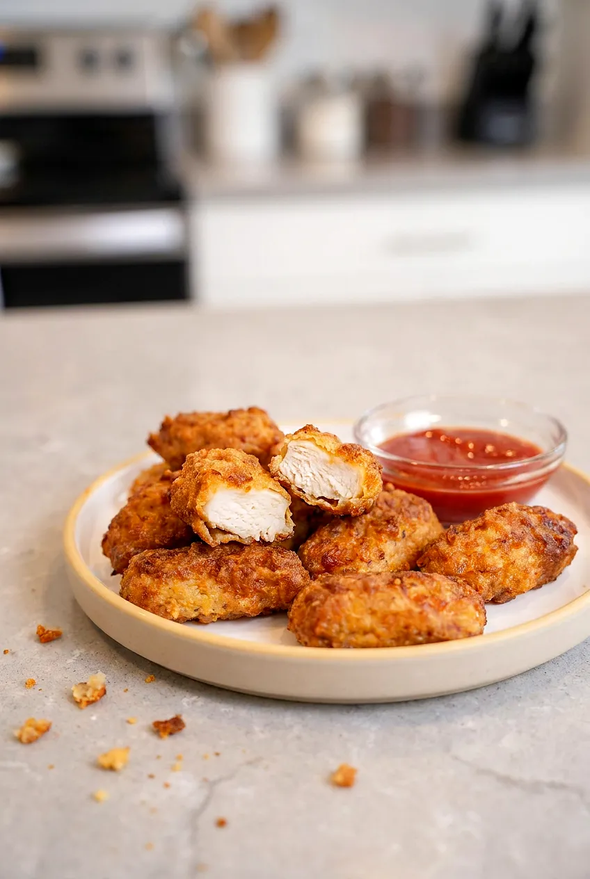 Air fryer keto chicken nuggets on a ceramic plate with a small ramekin of sugar-free ketchup, golden pork rind coating and crisp edges.