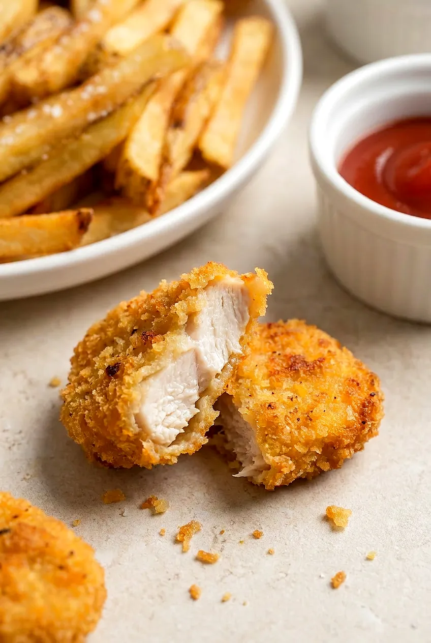Close-up of a broken-open air fryer chicken nugget showing juicy white interior and crunchy panko, fries behind