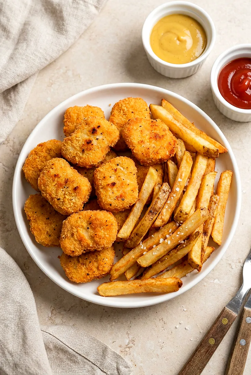 Air fryer chicken nuggets and fries on a white plate with ketchup, golden panko coating and crisp potato edges