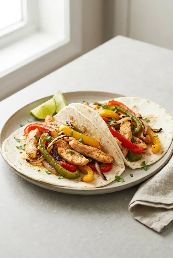 Air fryer chicken fajitas with browned chicken strips, blistered peppers and onions in warm tortillas with lime wedges